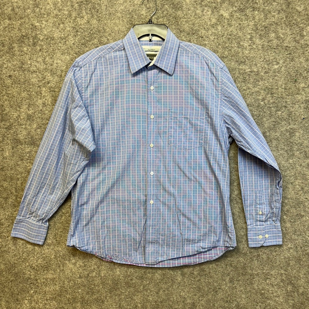 Johnston & Murphy Button Front Shirt Mens Size Large Blue Plaid Tailored Fit